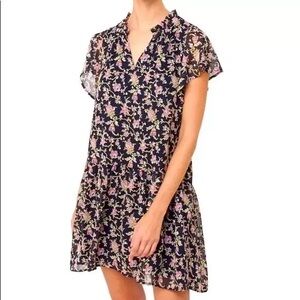 Loft S Dress Black Floral Drop Waist Ruffle Neck